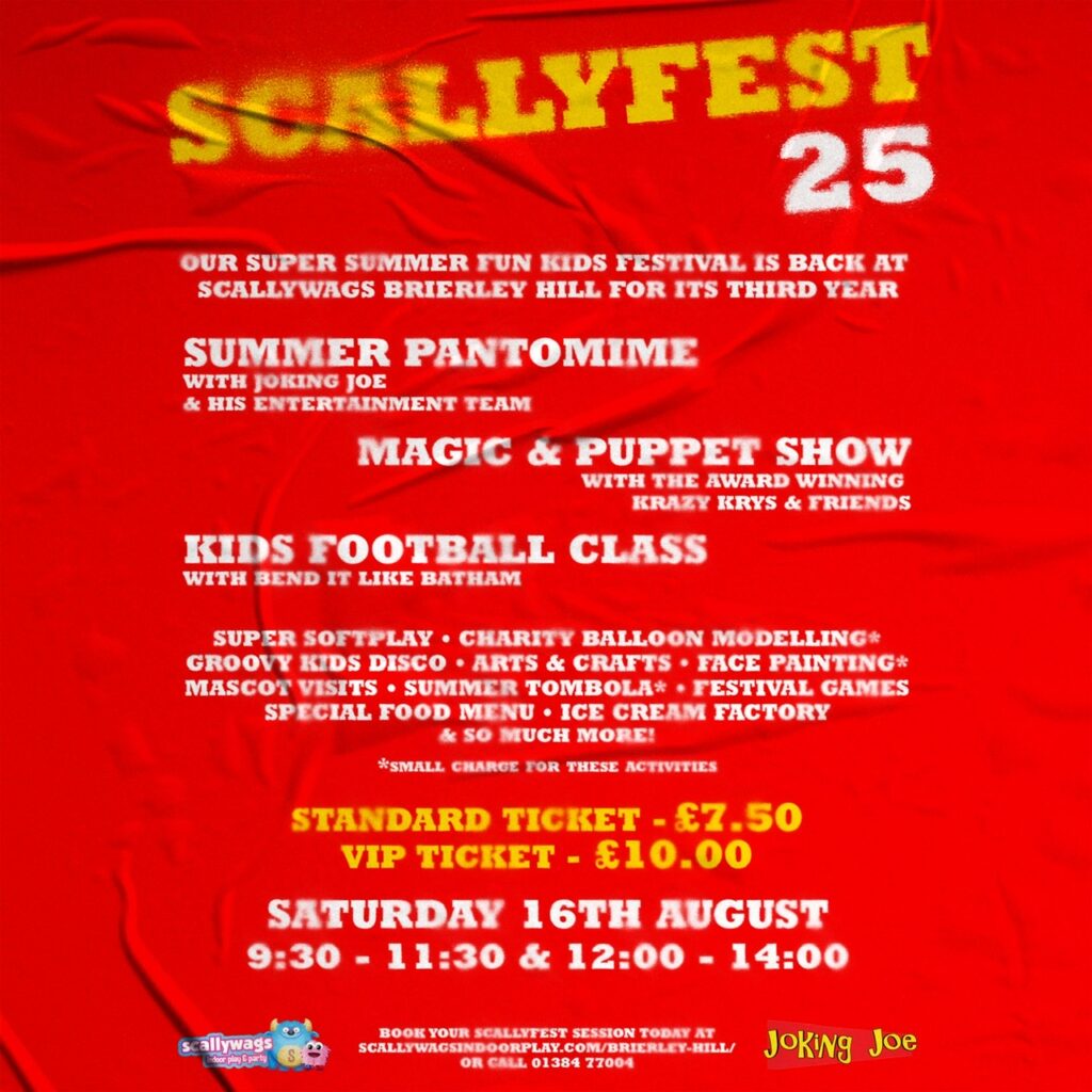 Scallyfest 2025 poster which shows the event breakdown. A red background with yellow and white text